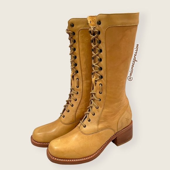 RARE FRYE Banana Tan Leather Campus Lug LaceUp Vintage Knee High Equestrian Boot - Picture 8 of 16